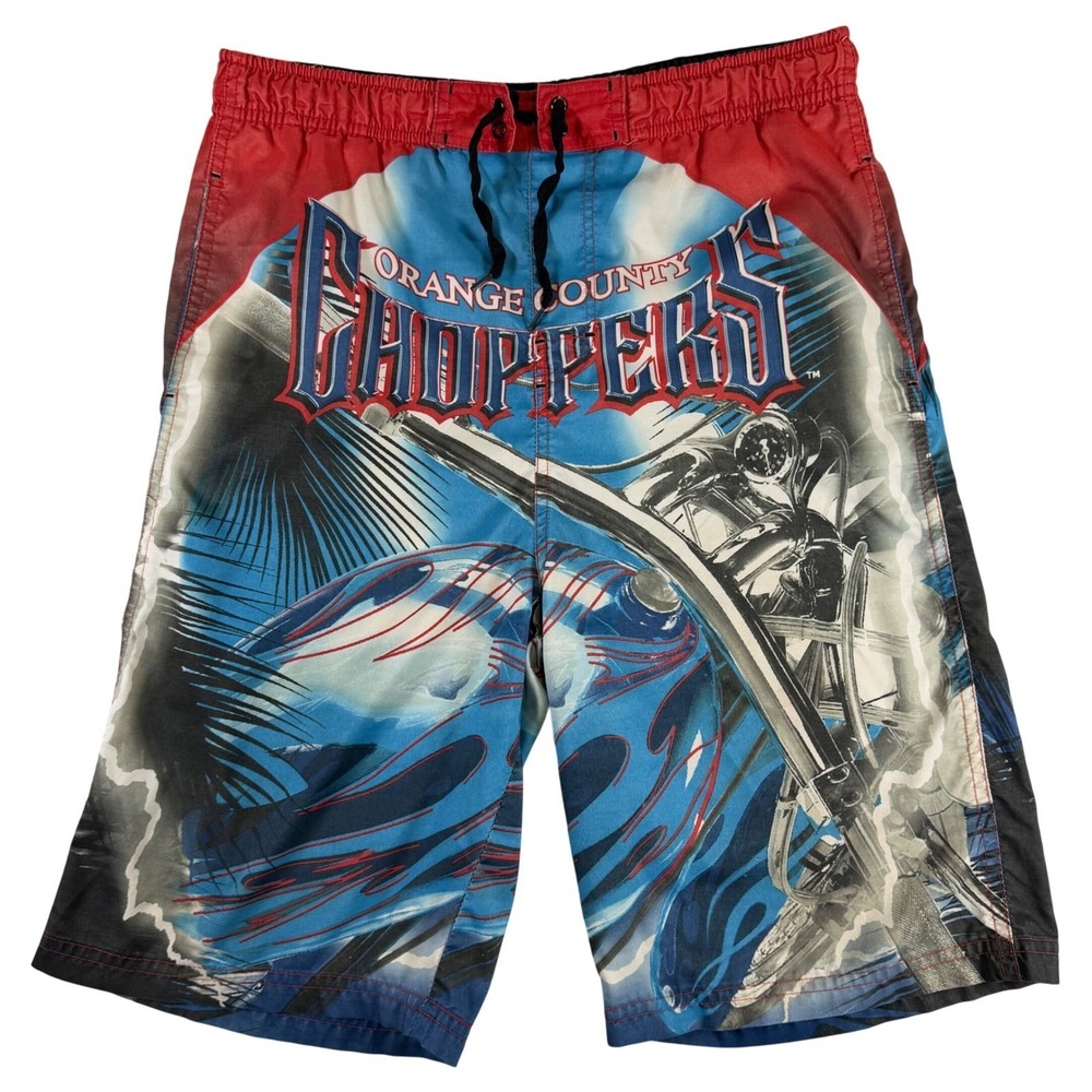 Orange County Chopper Swim Trunks Boys Size 12/14 Red Blue Graphic OCC 3CC60070W